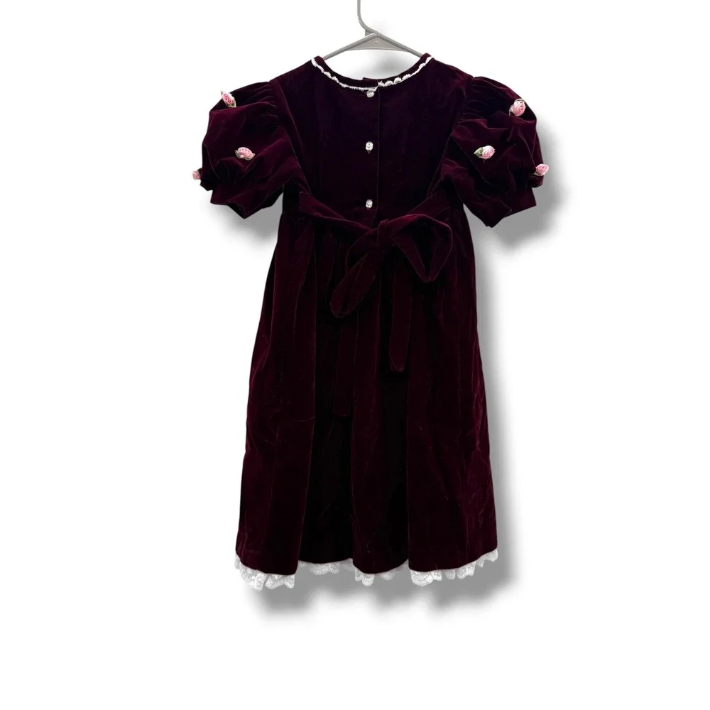 Vintage OshKosh Velvet Dress Girls 6X Burgundy Puff Sleeve Lace Rose Holiday‎
